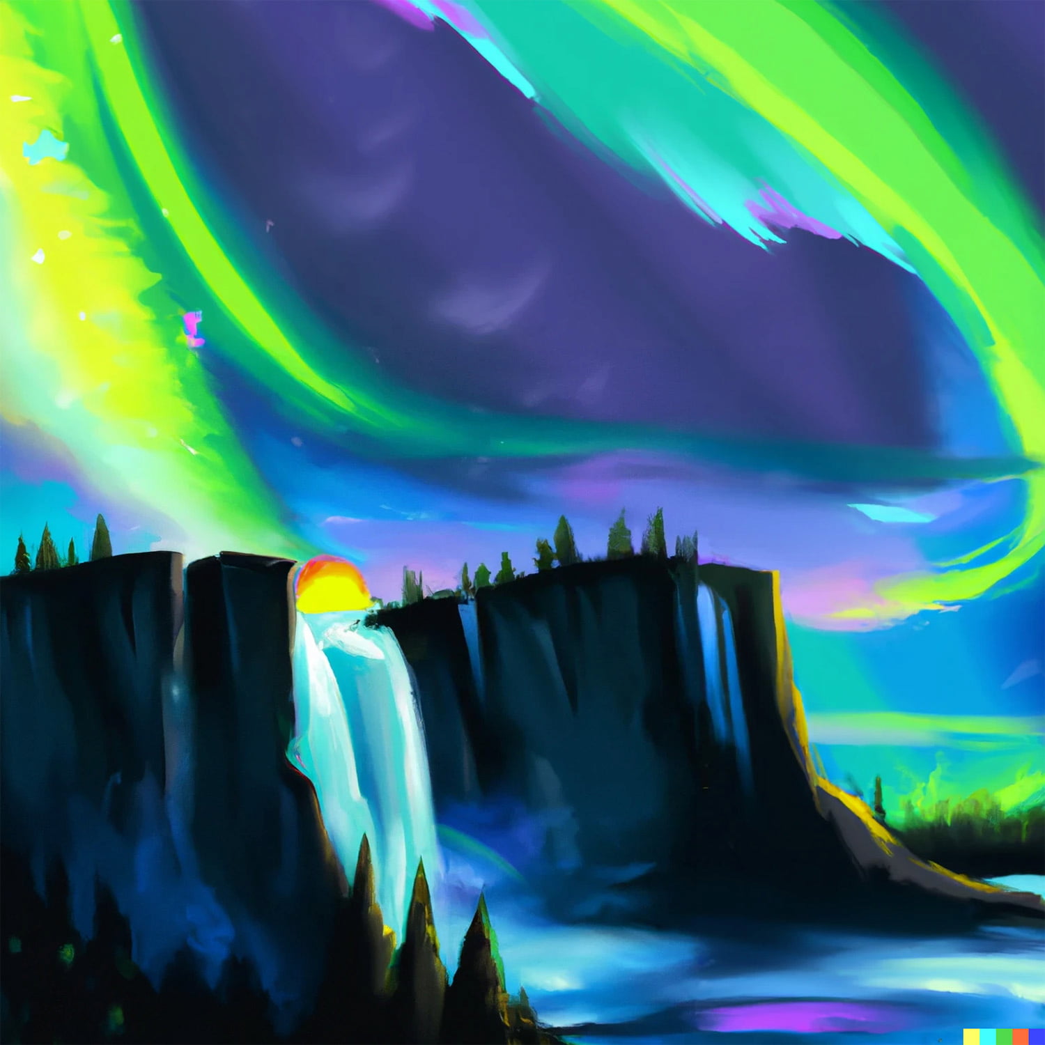 A horizontally cropped image. The image is a digital landscape illustration. A waterfall cascades down the face of a fir clad cliff.
The scene is lit up by green northern lights. Above the waterfall an orb is glowing in the color of the sun.