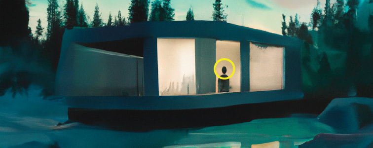 A horizontal crop of one of the example images. The image is a digital illustration of a modernistic house on the edge of a lake.
The scene is set in the blue hour and lit up by green northern lights that reflect in the lake.
The lights in he house are on and the silhouette of a person looking out can be seen in the middle window.
The silhouette of a second person can be seen in the lower right of the image.
It is observing the house, holding something that can be perceived as a knife.