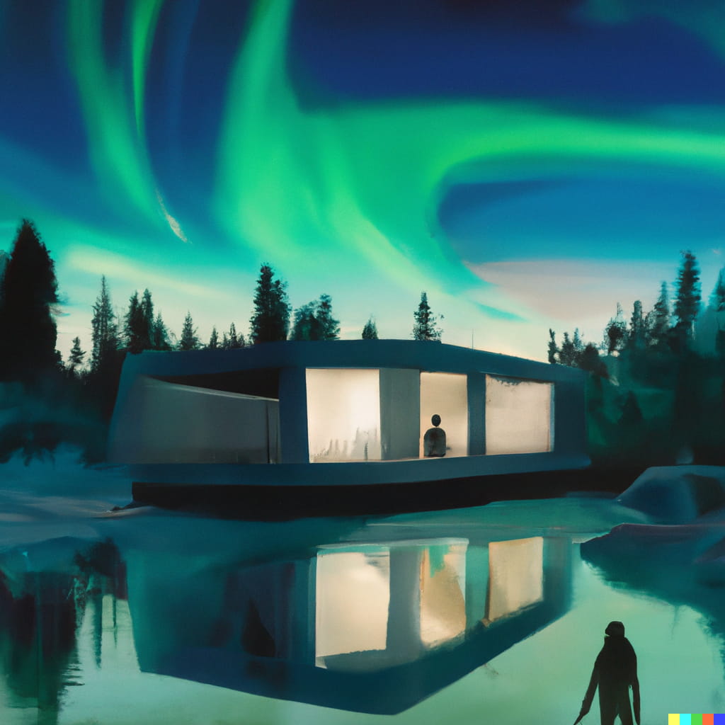 An image stretched into a 3:1 aspect ratio. The image is a digital illustration of a modernistic house on the edge of a lake.
The scene is set in the blue hour and lit up by green northern lights that reflect in the lake.
The lights in he house are on and the silhouette of a person looking out can be seen in the middle window.
The silhouette of a second person can be seen in the lower right of the image.
It is observing the house, holding something that can be perceived as a knife.