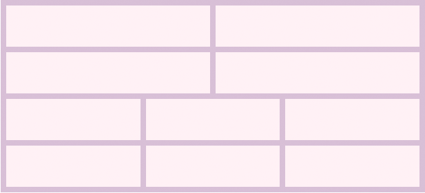 Illustration of a flex container with 10 items. 
It has four rows in total. The first two rows contains two items each, while the remaining two rows contain three items each. 
The items are stretched to fill the entire row.